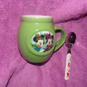 Green Disney Mickey Minnie Mug With Spoon